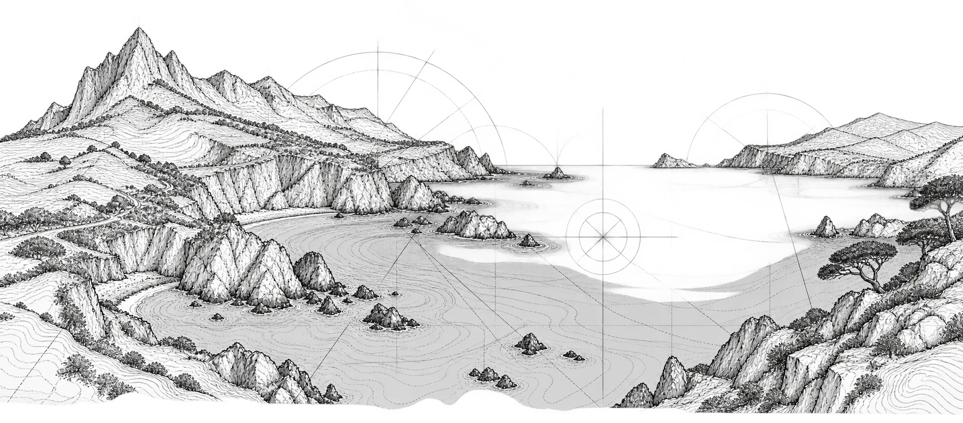 Editorial line drawing of a coastal landscape mapped with fine technical guide marks.
