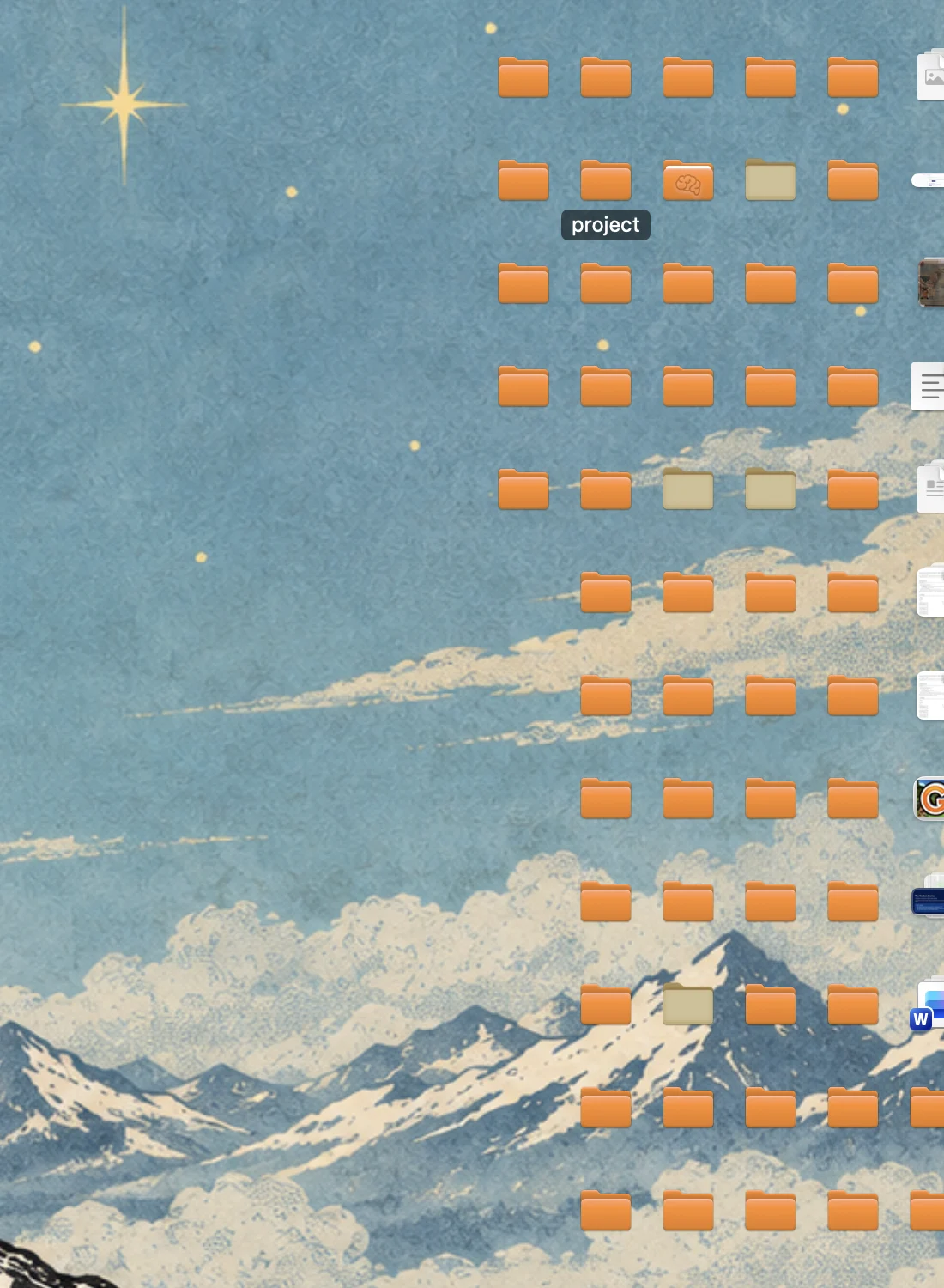 The same Mac desktop with icon names hidden until an item is pointed at.