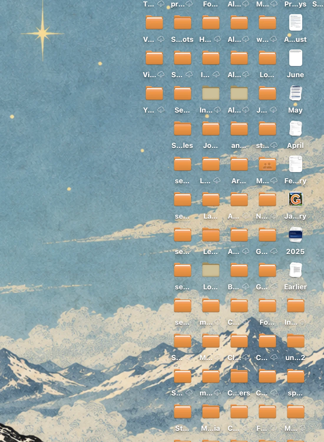Mac desktop detail with a dense grid of files and folders and their names visible.